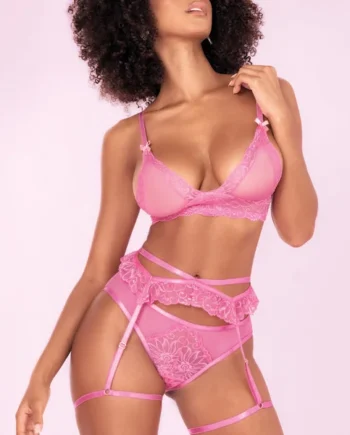Mapale Sheer Lace & Mesh Bralette, Garter Belt & Ruched Panty Set