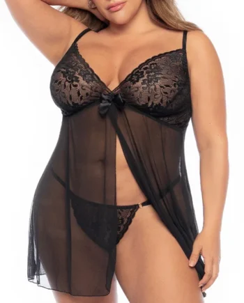 Mapale Split-Front Sheer Lace & Mesh Babydoll With Thong - Curvy