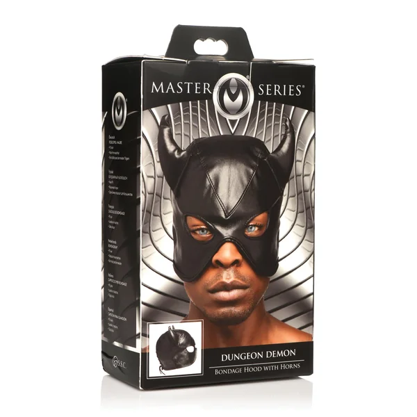 Master Series Dungeon Demon Bondage Hood w/Horns - Black