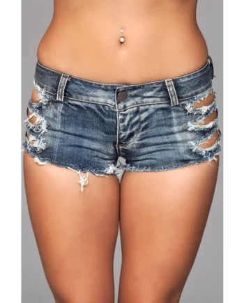 Medium Wash Denim Shorts With Distressed Details on Front and Back Pockets - Small