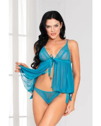 Mesh Babydoll and Panty Set - One Size - Teal