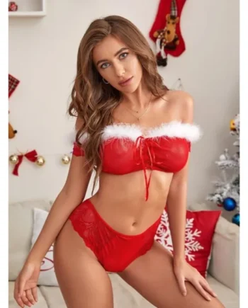 Mesh Faux Fur Trim Lace-up Santa’s Helper Costume Set