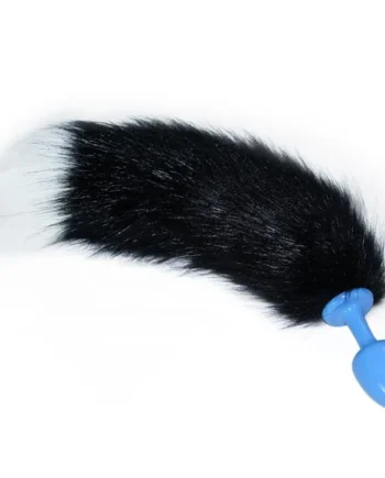 Metal Butt Plug Blue with Black and White Fox Tail