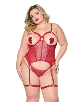 Metallic Stretch Scallop Lace and Mesh Bustier w/Thong – Red 1X/2X