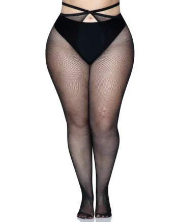 Micro Net Strappy Crotchless Tights - 1x/2x - Black