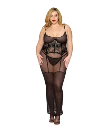 Midi Garter Chemise and Gstring 1x - Black