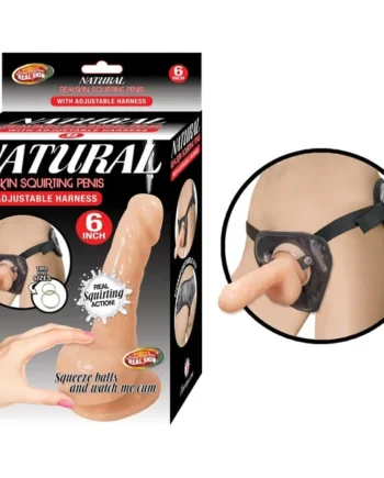 Natural Realskin Squirting Penis W/Adjustable Harness 6" - Flesh