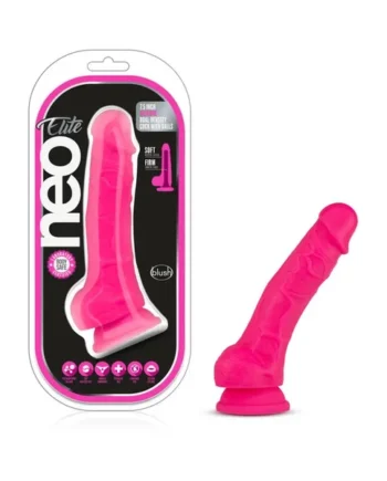 Neo Elite 7.5 in. Silicone Dual Density Dildo with Balls Neon Pink