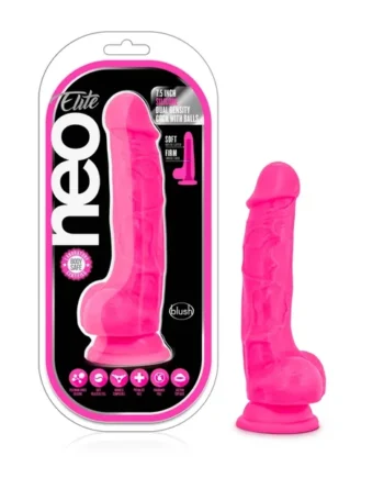 Neo Elite 7.5in Silicone Dual Density Cock with Balls Neon Pink