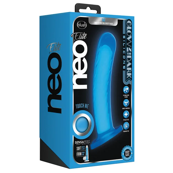 Neo Elite Glow In The Dark Neon Blue: 7-Inch Long Dildo - Made with Purio Silicone & SensaFeel Dual Density Realistic Technology