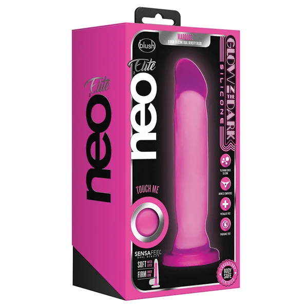 Neo Elite Glow In The Dark Neon Pink: 8-Inch Long Dildo - Made with Purio Silicone & SensaFeel Dual Density Realistic Technology