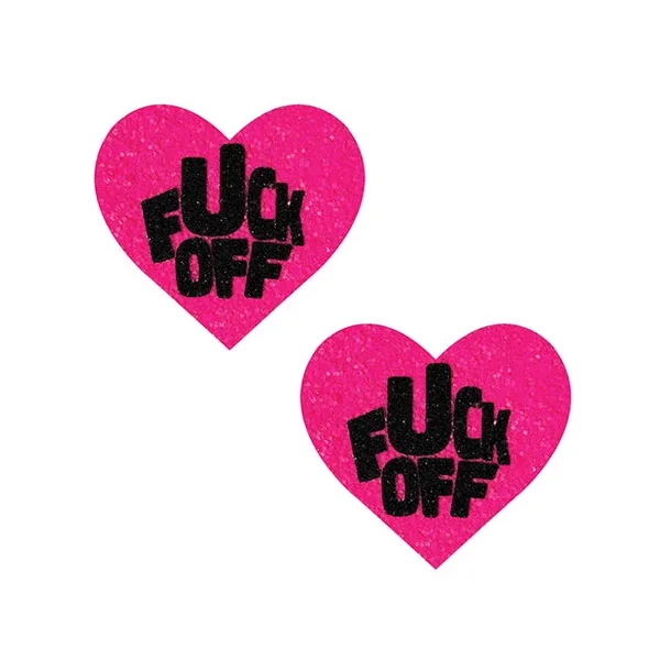 Neva Nude Fuck Off Glitter Blacklight Reactive Heart Pasties – Pink/Black O/S