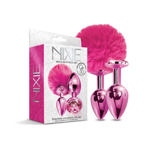 NIXIE METAL BUTT PLUG SET POM POM & JEWEL PINK METALLIC