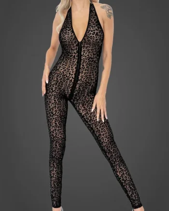 Noir Handmade Sheer Leopard Flock Halter Backless Catsuit