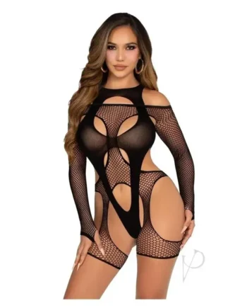 Off-the-Shoulder Fishnet Garter Harness Layered Cut Teddy O/S