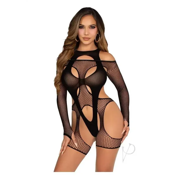 Off-the-Shoulder Fishnet Garter Harness Layered Cut Teddy O/S
