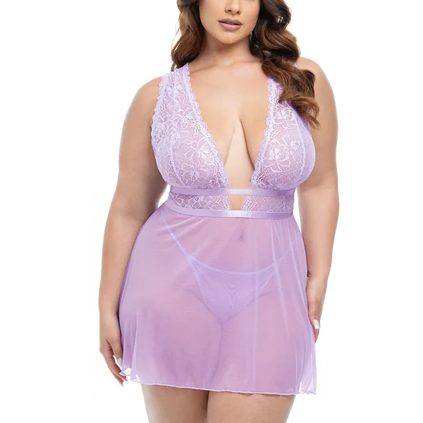 Oh La La Cheri Stassi Sheer Lace & Mesh Babydoll & G-String - Curvy