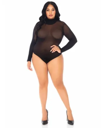 Opaque High Neck Long Sleeve Bodysuit With Snap Crotch - 1x/2x - Black