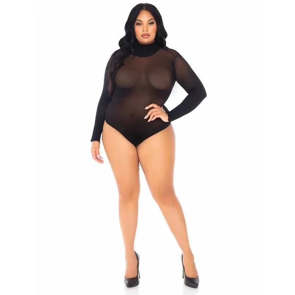 Opaque High Neck Long Sleeve Bodysuit With Snap Crotch - 1x/2x - Black