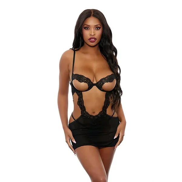 Open Cut Underwire Lace & Mesh Chemise w/G-String Black SM