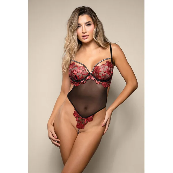 Opulence Embroidered Underwire Open Crotch Teddy w/Pearl Detail - Red