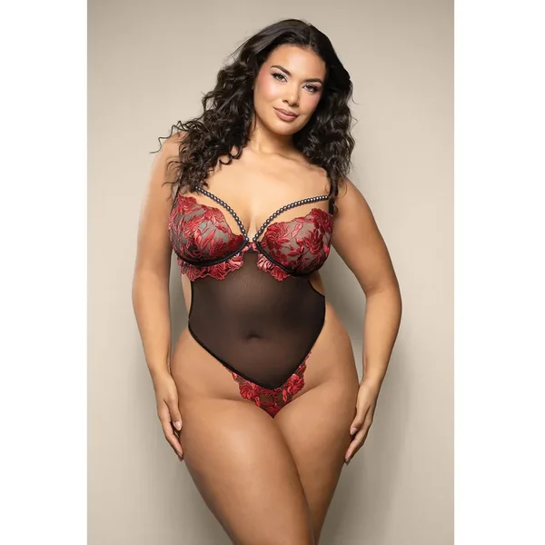 Opulence Embroidered Underwire Open Crotch Teddy w/Pearl Detail – Red QN