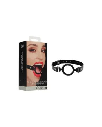 Ouch! Adjustable Silicone Ring Gag With Leather Straps, Black