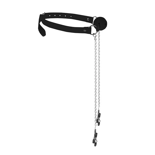 Ouch! Black and White Breathable Ball Gag With Nipple Clamps