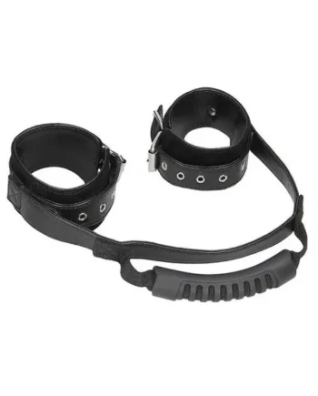 Ouch! Black & White Bonded Leather Hand Cuffs w/ Handle Blk