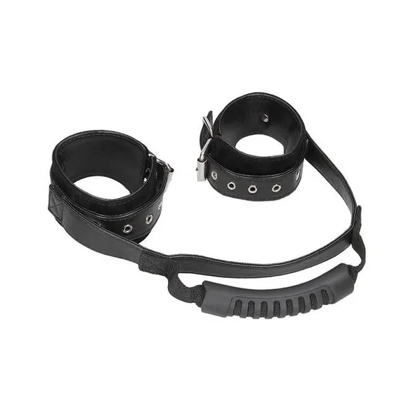 Ouch! Black & White Bonded Leather Hand Cuffs w/ Handle Blk
