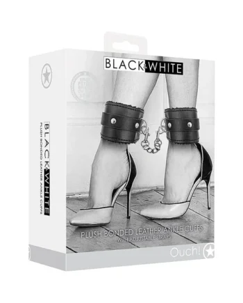 Ouch Black & White Plush Bonded Leather Ankle Cuffs by Shots