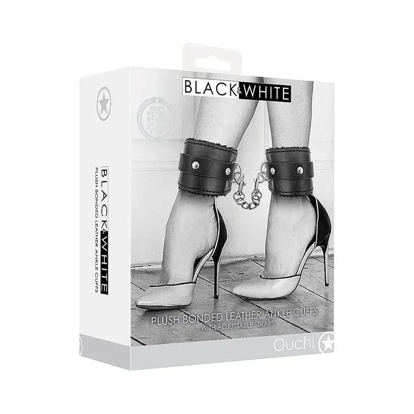 Ouch Black & White Plush Bonded Leather Ankle Cuffs by Shots