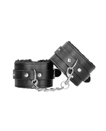 Ouch! Black & White Plush Leather Hand Cuffs Blk