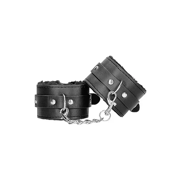 Ouch! Black & White Plush Leather Hand Cuffs Blk
