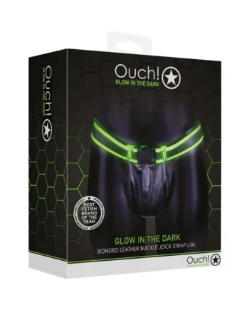 Ouch! Glow in the Dark Bonded Leather Buckle Jock Strap Neon Green L/XL