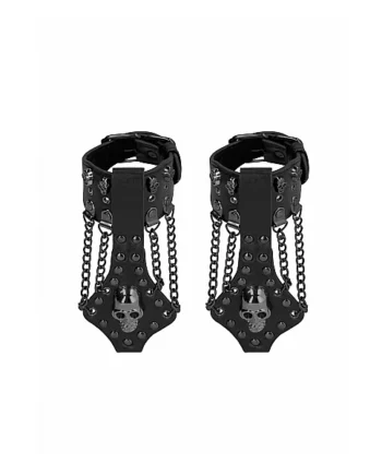 OUCH! SKULLS & BONES HANDCUFFS W/ SKULLS & CHAINS BLACK