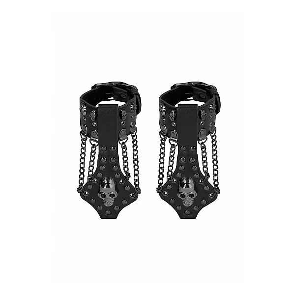OUCH! SKULLS & BONES HANDCUFFS W/ SKULLS & CHAINS BLACK
