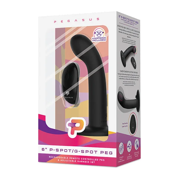 Pegasus 6" Rechargeable P-spot G-spot Peg W-adjustable Harness & Remote Set - Black