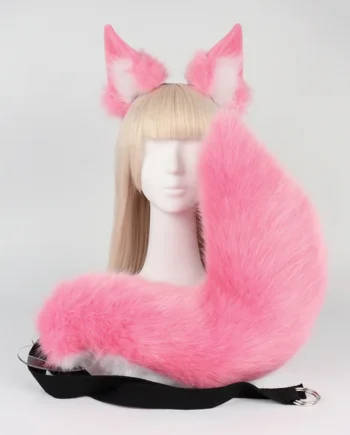 Pink Plush Faux Fur Fox Ears Headband and Tail Set - Realistic Animal Costume for Cosplay & Parties