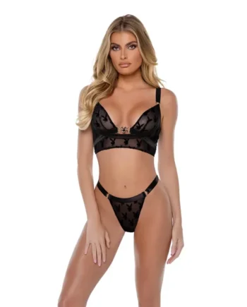 Playboy Bunny Charm Mesh Bralette w/Thong 2 Set – Black XL