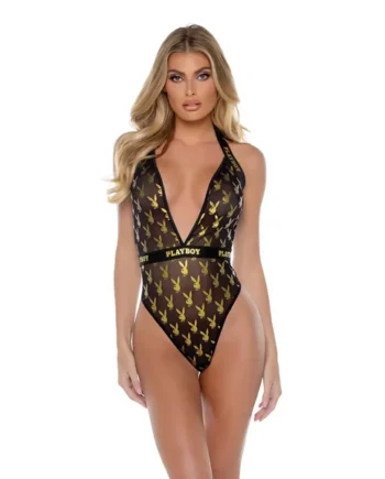 Playboy Bunny Gold Foil Halter Teddy – Black/Gold LG