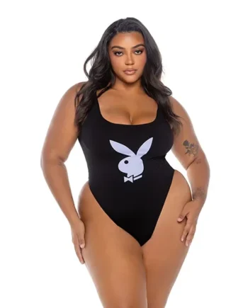 Playboy Scoop Neck Teddy w/Thong Back & Bunny Logo – Black/Lavender 1X
