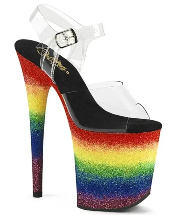Pleaser 8″ Clear Ankle Strap/Rainbow Glitter Heel-Flamingo-808RG-04*