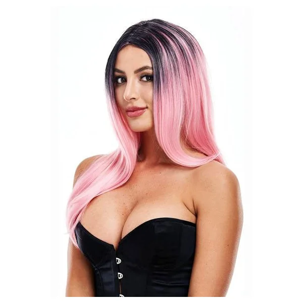 Pleasure Wigs Elle Pink Ombre Wig With Black Roots