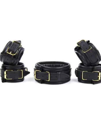 Premium PU Leather Adjustable Padded Collar, Handcuffs & Ankle Cuffs Set with Leash/Connectors(black)
