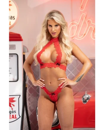 Pretty Scalloped Stretch Lace Open Front 2 Pc Set - One Size - Red