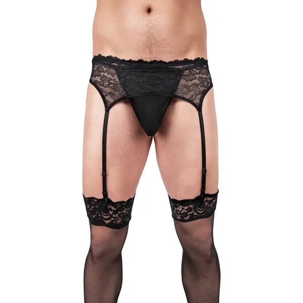 Prowler Male Lace Garter & Stocking Set Black Medium