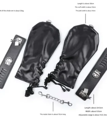 PU Leather Padded Bondage Mitts with Locking Straps & Connecting Chain - Playful Adult Set(Black)