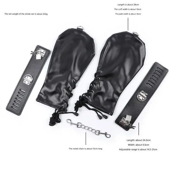 PU Leather Padded Bondage Mitts with Locking Straps & Connecting Chain - Playful Adult Set(Black)