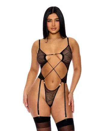Pull My Strings Sheer Mesh Teddy w/Garters & Faux Pearl Details – Blac